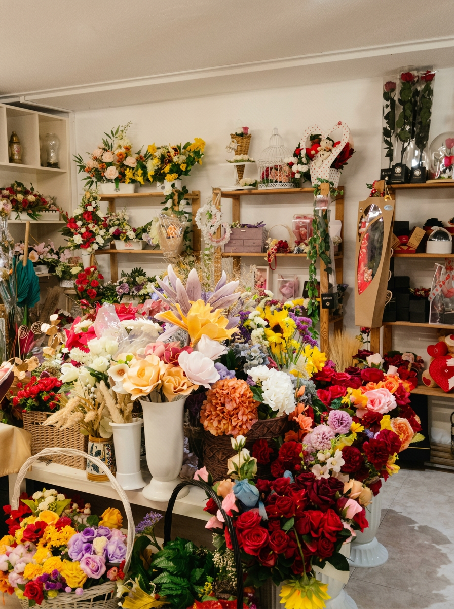 Interior con ramos y flores